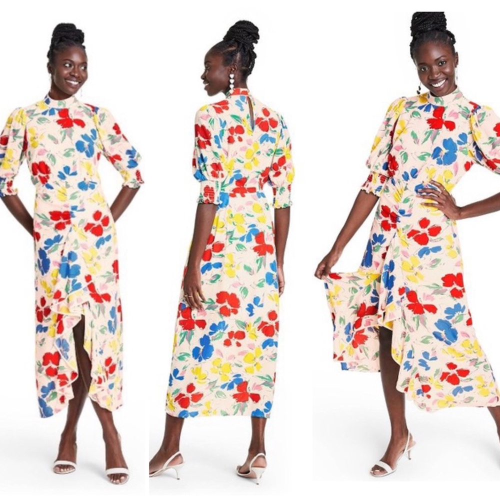 New RIXO Target Floral Mock Neck Cascade Ruffle Dress Size 2 - Picture 4 of 8